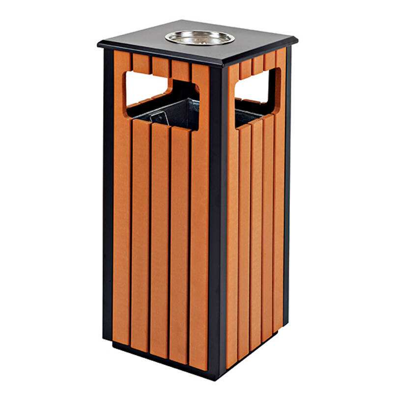 SSW41 Powder Coated + Wood Bin Square C/W Ashtray & 4 Holes Top Bins