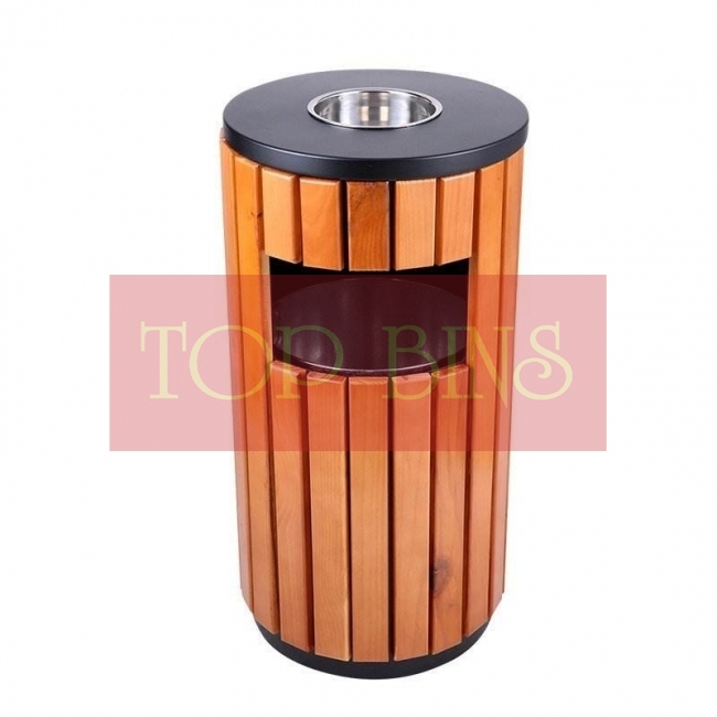 SSW01 Powder Coated + Wood Bin Round C/W Ashtray