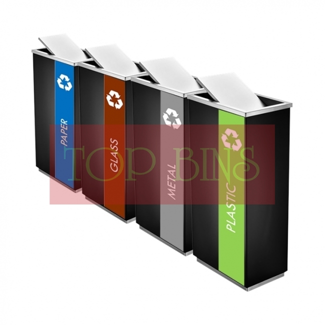 SS102 (BLK) Black Powder Coated Recycle Bin Rectangular C/W Flip Top (4-in-1)