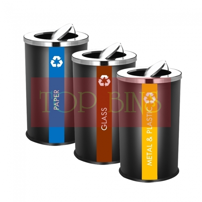 SS106-B Black Powder Coated Recycle Bin Round C/W Flip Top (3-In-1)