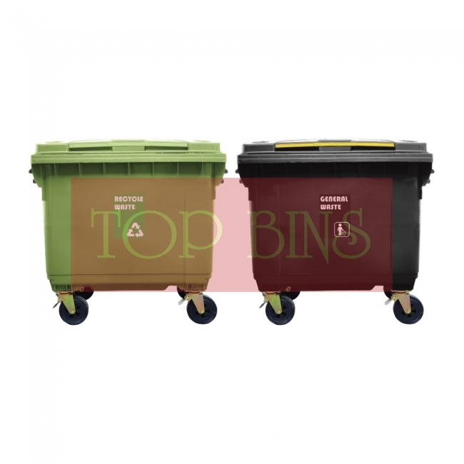 660L Mobile Garbage Recycle Bin 4-Wheel 2-in-1 C/W Sticker