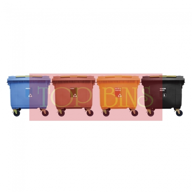 660L Mobile Garbage Recycle Bin 4-Wheel 4-in-1W C/W Sticker