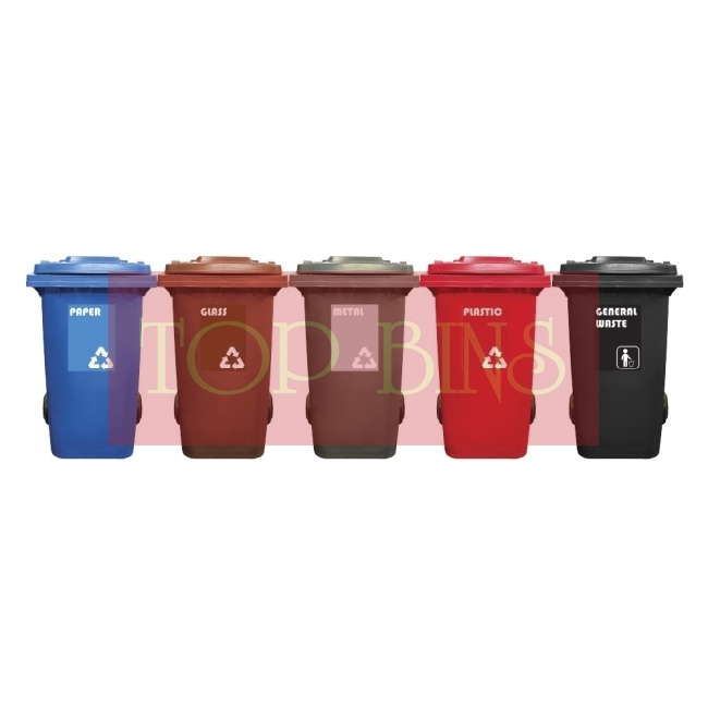 240L Mobile Garbage Recycle Bin 2-Wheel 5-in-1W C/W Sticker